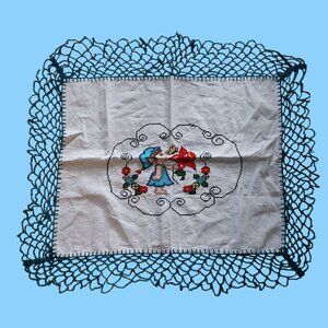 Elf Pixie Tablecloth Cross Stich Embroidered Table Cloth Teal Crochet Edge